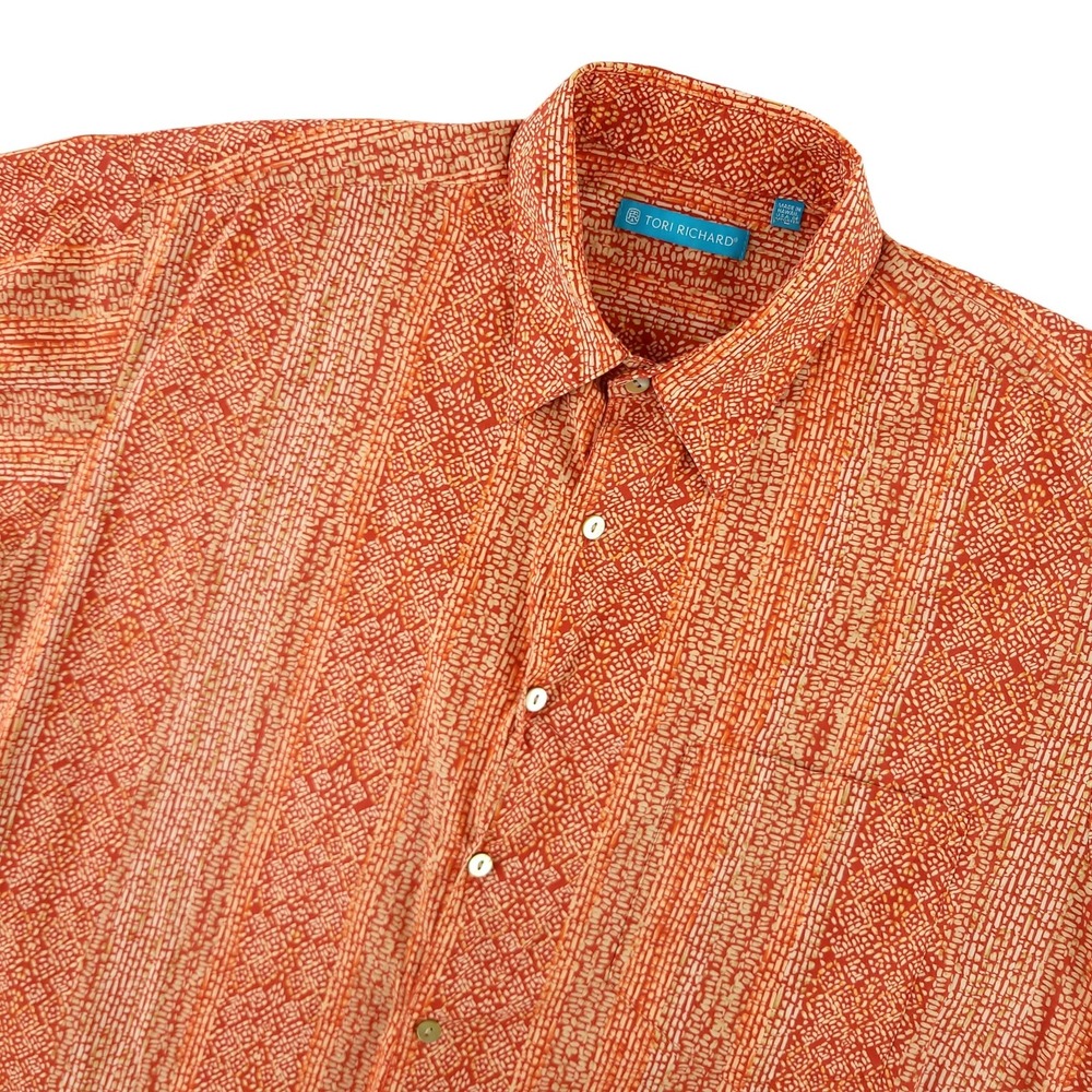 Tori Richard Shirt Mens L Orange Geometric Hawaiian Short Sleeve Button Up Aloha